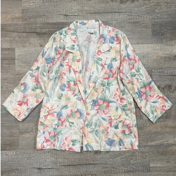 Alice Stuart Vintage 80s Linen Blend Blazer Size Large Relaxed Fit Floral Fairy - Picture 1 of 6